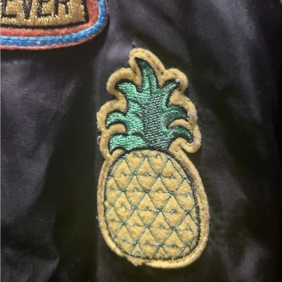 Y2K Bomber Jacket L Black Satiny Full Zip  Patches 42” Bust - Picture 8 of 10